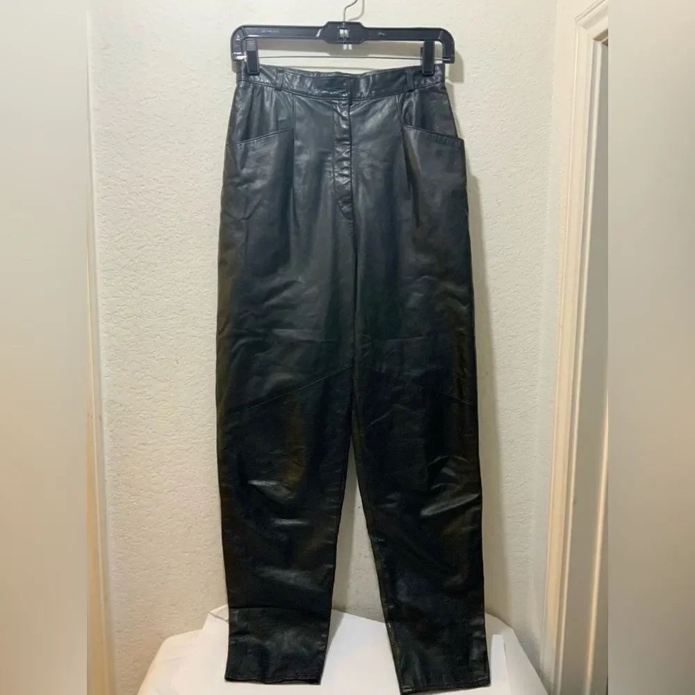 Vintage 80's Vakko New York Black Leather High Waist Lined Pants size 8